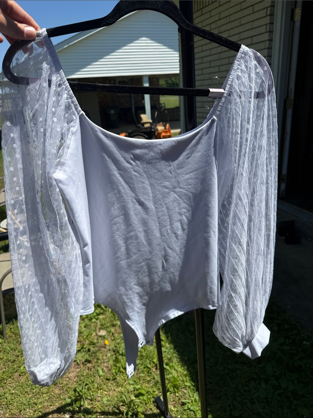 Sheer-Sleeve White Bodysuit Top